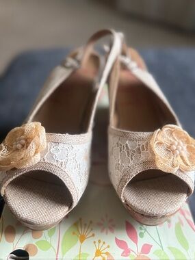 Jellypop Beige Lace Peep-Toe Slingback Wedges with Floral Accent